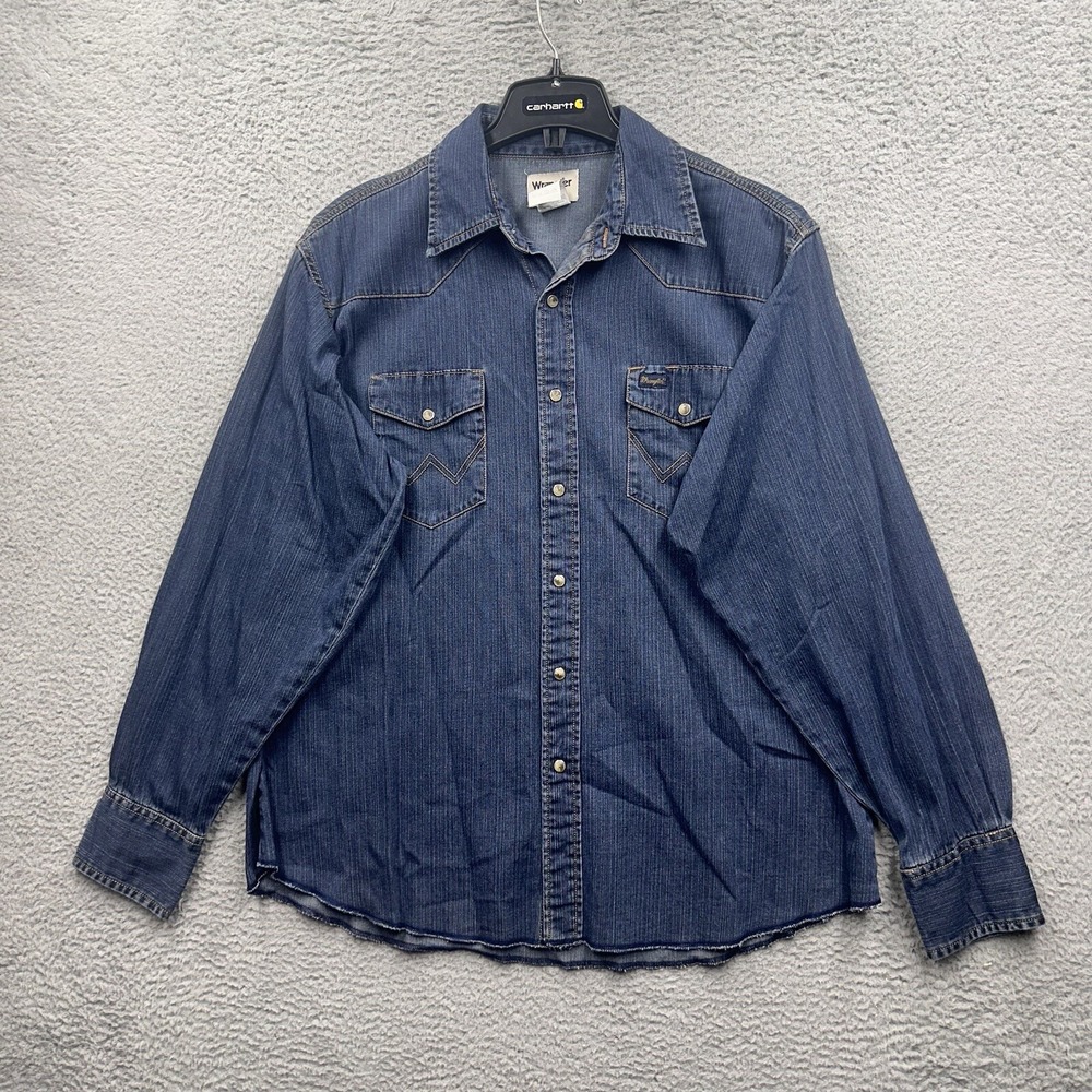 Vintage Wrangler USA Denim Pearl Snap Extra Long Tails Shirt XL Brushpopper